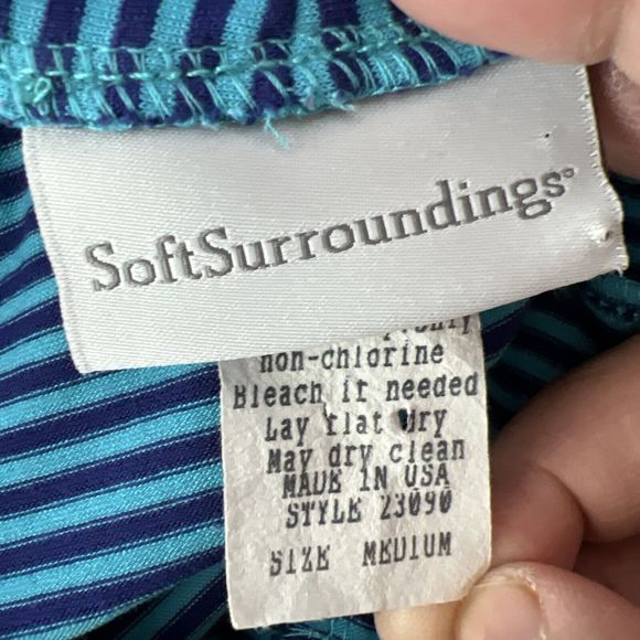 Soft Surroundings Blouse Women Medium Blue Striped Ruffle Collar Short Sleeve - Picture 5 of 13